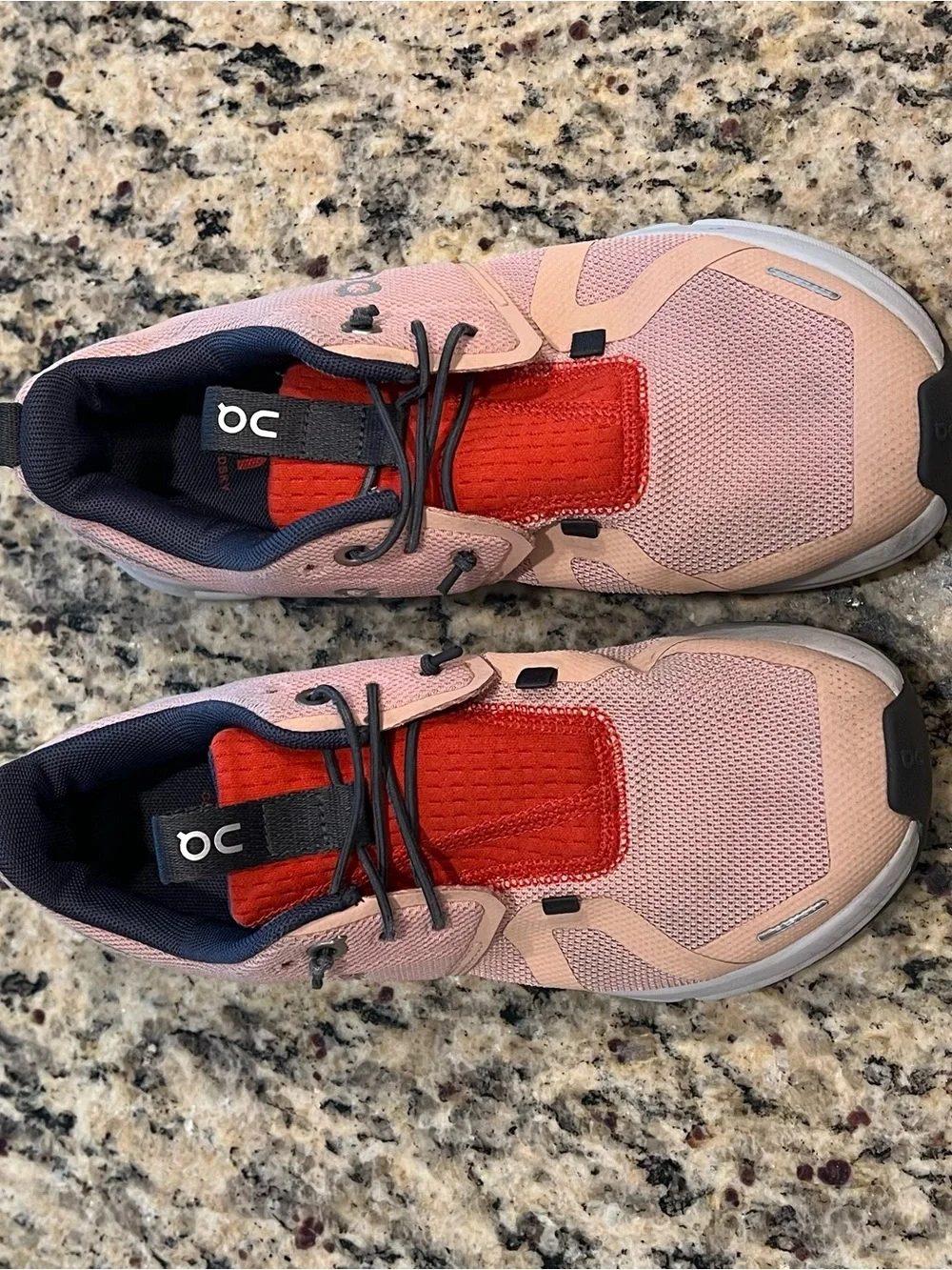 On Running Kids Sneakers in Pink and Red with Navy Accents